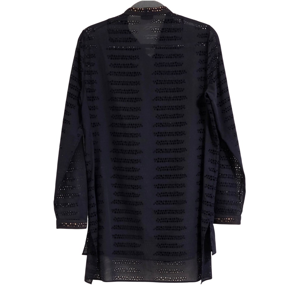 Akris Navy Blue Eyelet Sheer Long Sleeve Tunic Shirt Top Women's US 10 Button Up - Picture 4 of 5